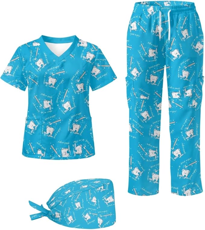 Gomyblomy Women's Scrubs Suit 3-Piece Set | Teeth Print V-Neck Top & Pants & Cap, Breathable and Stretch Fabric, S-5XL