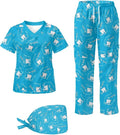Gomyblomy Women's Scrubs Suit 3-Piece Set | Teeth Print V-Neck Top & Pants & Cap, Breathable and Stretch Fabric, S-5XL
