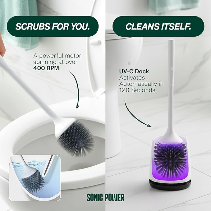 SonicPower Electric Toilet Brush & Scrubber – Self Cleaning Silicone Toilet Bowl Brush with UVC Light, Rechargeable Wireless Spinning Toilet Brush & Holder Set, Wall Mount or Floor Standing (2 Pack)