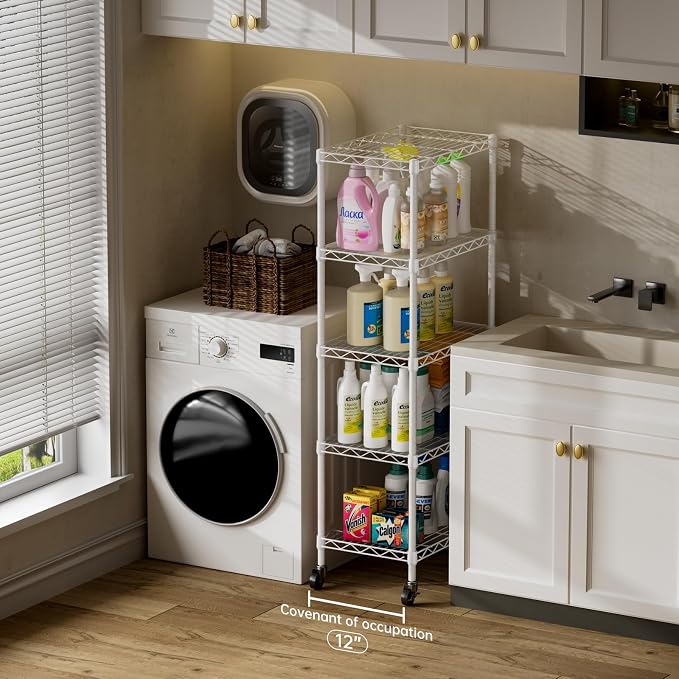 SINGAYE 5 Shelves Storage Shelf Wire Shelving Unit Metal Adjustable Wheels | Small Shelf Storage with Wheels Organizers Closet Unit for Bathroom Laundry Room Kitchen Pantry11.5D x 17.5W x 57H White