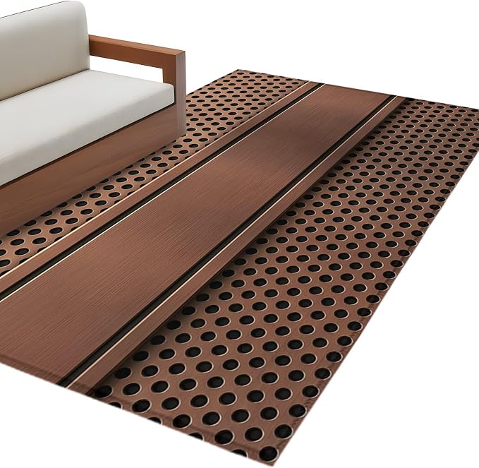4 x 6 Ft Area Rug for Home Office, Brown Metal Hole Indoor Accent Rugs for Living Room, Copper Net Eye Hole Pattern Decorative Modern Carpet Washable Low Pile Non Slip Rug for Bedroom