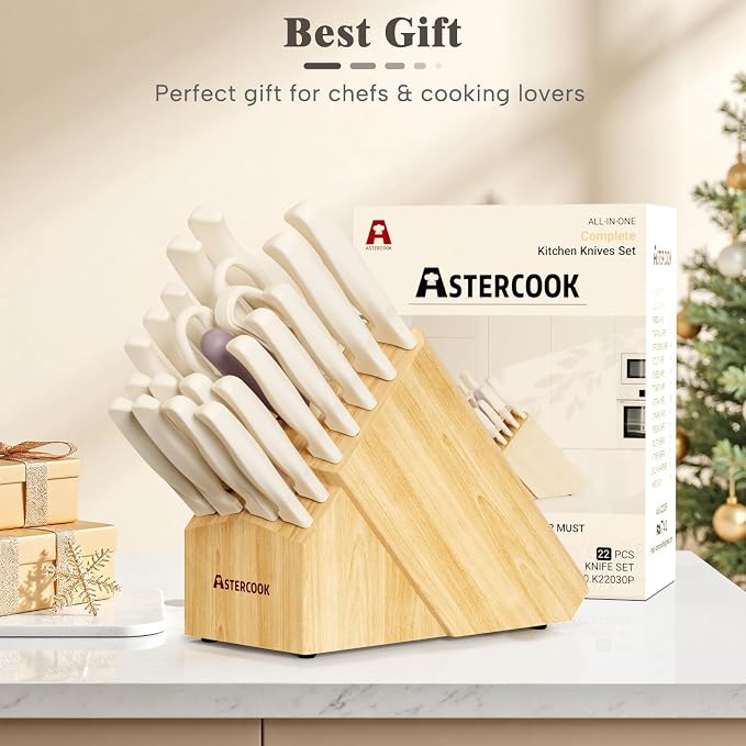 Knife Set, Astercook 22-Piece Kitchen Knife Set with Sharpener Block, High Carbon Stainless Steel Knives, Dishwasher Safe, Non-Slip Handle, Elegant Cream White Design, Perfect Holiday Gifts