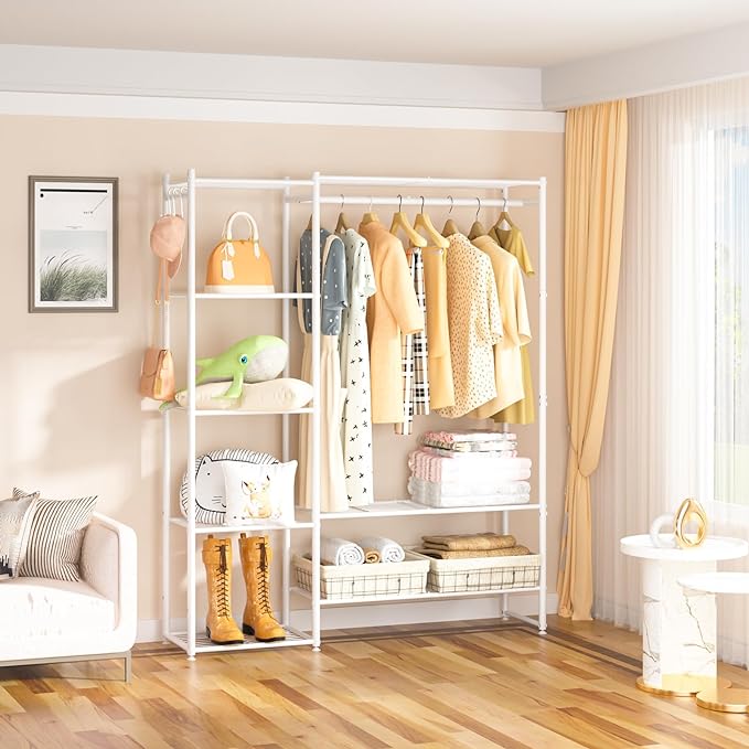 Neprock Clothing Racks for Hanging Clothes with Shelves, Portable Closet System Organizer Garment Rack for Clothes Storage, Metal Free Standing Wardrobe Clothes Organizer(White)