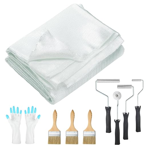 Hahafelt 9 Pcs Fiberglass Cloth with Rollers Kit, 12 ft x 50 Inches 1708 Biaxial Fiberglass Cloth Roll, Fiber Glass Roller with Brushes and Glove, Fiber Glass Repair Kit for Shower Boat Tub