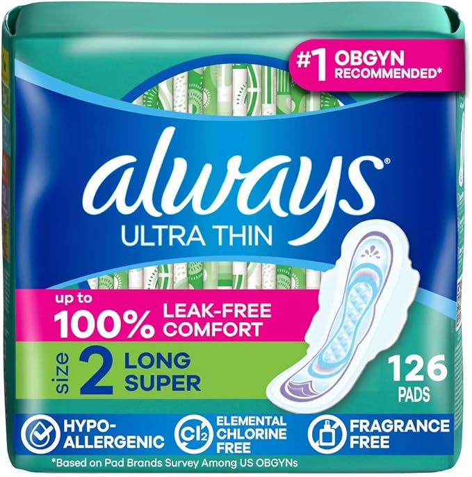 Always Ultra Thin Pads with Wings, Size 2, Long Super, 126 Count (3 Packs of 42)