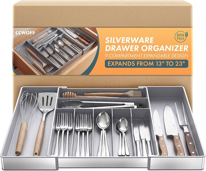 Heavy Duty Stainless Steel Frame Silverware Organizer with Plastic Body, Extra Large Silverware Drawer Organizer, 9 Slot Expandable Kitchen Drawer Organizer, 8 Non-Slip Feet Included, BPA Free, Gray