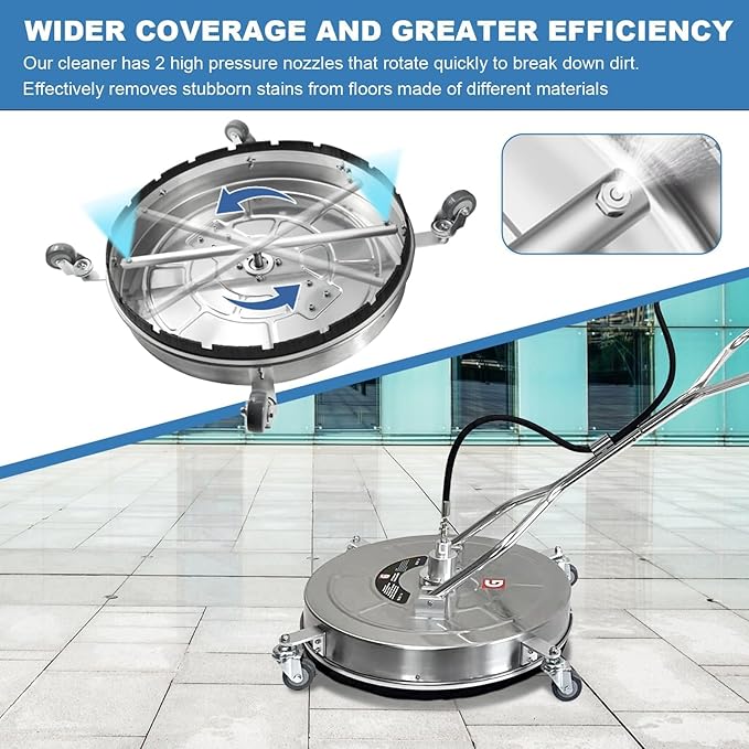 20-Inch Pressure Washer Surface Cleaner, Stainless Steel 4600 PSI Commercial Grade Power Washer Attachment with 4 Wheels, Heavy Duty Concrete Cleaner for Driveways, Patios, Sidewalks