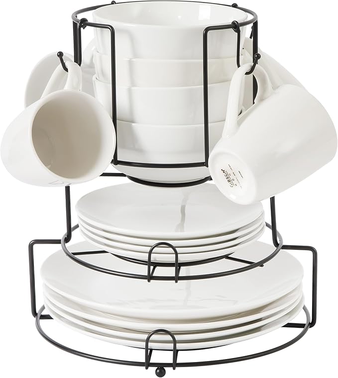 Gibson Home Summit View 17-Piece Porcelain Plates and Bowls Set W/Metal Rack - Plates, Bowls & Mugs Dinnerware Set for 4 - White