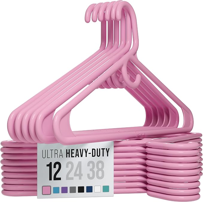 NEATERIZE Thick Heavy Duty Hangers - Pink Plastic Clothes Hangers 12 Pack - Great for Coat Hanger, Jackets Jeans & Suit Hanger for Closet - New Apartment Essentials Percheros Ganchos para Colgar Ropa