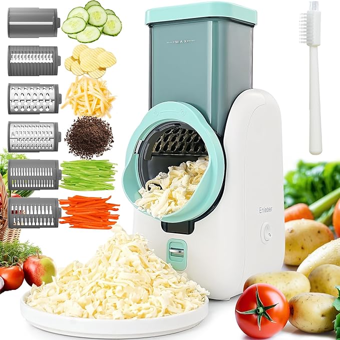 Electric Cheese Grater Salad Maker with 6 Repalce Stainless Steel Blades, Rotary Slicer One-Touch Kitchen Slicer Cheese Shredder for Vegetables, Fruits, Cheeses, Nuts Home Kitchen Use(White)- 120v