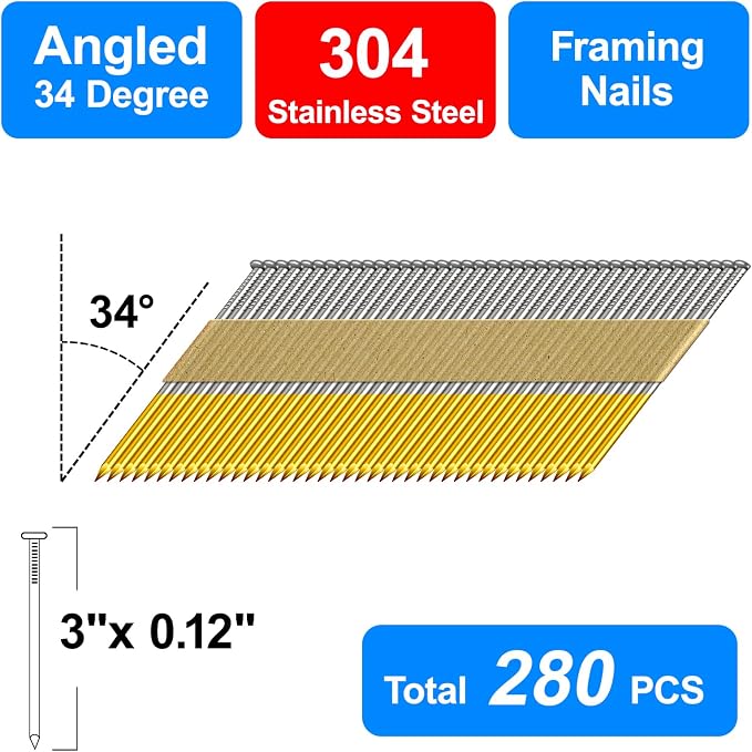34-30 Degree 3 Inch Smooth Shank Paper Framing Nails,280-Pack | 304 Stainless Steel D Head Tape Strip Nails for 30 to 34 Degree Framing Nailer,Fits Indoor and Outdoor Building Projects