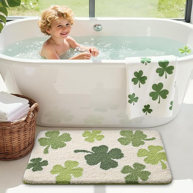 LUMI Bath mats for Bathroom, 16"x24" Non Slip Absorbent Soft Bath Mat, Washable Low Profile Bathroom Rug, Ideal for Shower, Tub, Clover