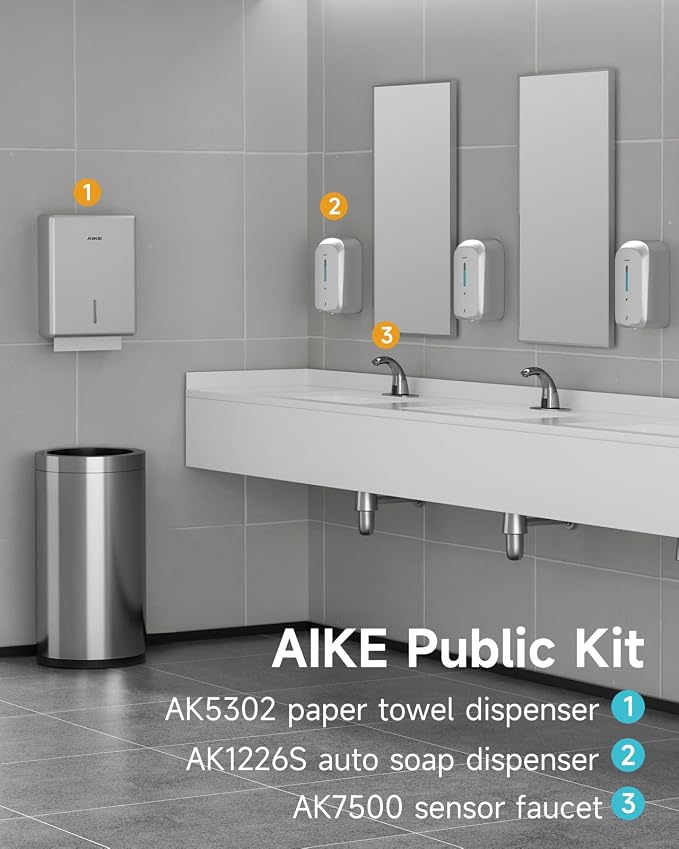 AIKE Liquid Automatic Soap Dispenser,33.8oz Capacity for Bathroom,Silver | 5-Level Adjustable and Savety Key for Commercial(4*AA Batteries Not Included),Screw Wall Mount for Space-Saving,AK1226S