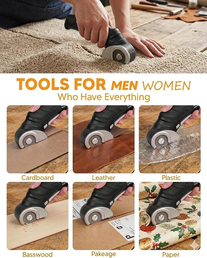 Electric Box Cutter Cardboard Cutter Christmas Stocking Stuffers for Men | Cordless Electric Scissors for Cutting Carpet Leather, Rechargeable & Safety Lock, DIY Tools Gifts for Adults Dad Him husband