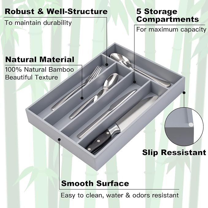 Besilord Bamboo Silverware Holder - Drawer Organizer with 5 Slots (Gray)