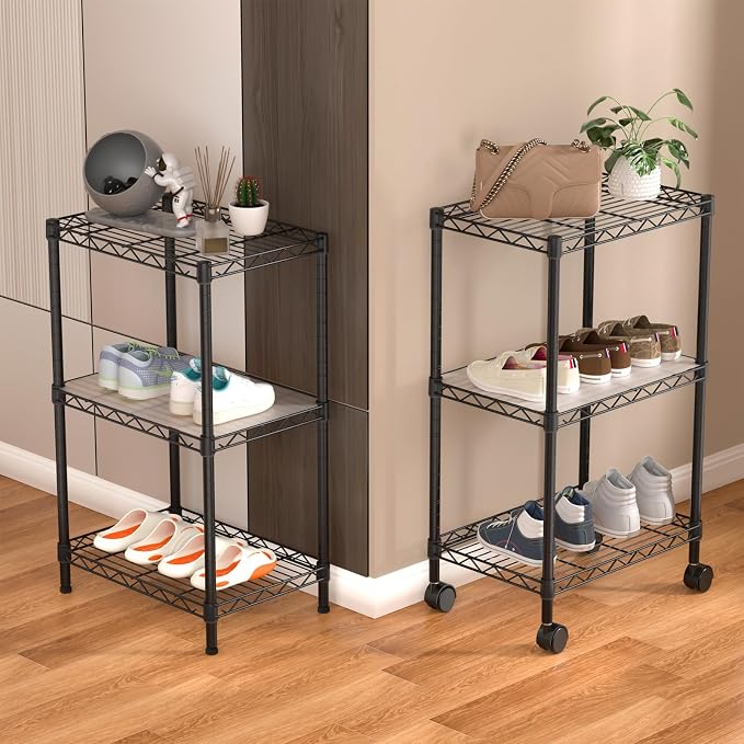 Golpart Small 3 Tier Shelves Storage Wire Shelving Unit Metal Shelf Adjustable Organizers Storage Shelving with Wheels for Bathroom Laundry Room Kitchen Pantry11.7”D x 17.7”W x 30.7”H Black