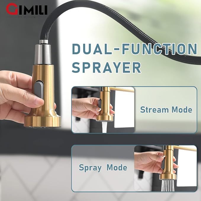 GIMILI Brushed Gold Kitchen Faucet with Soap Dispenser, Single Handle Spring Pull Out Kitchen Sink Faucets with Pull Down Sprayer