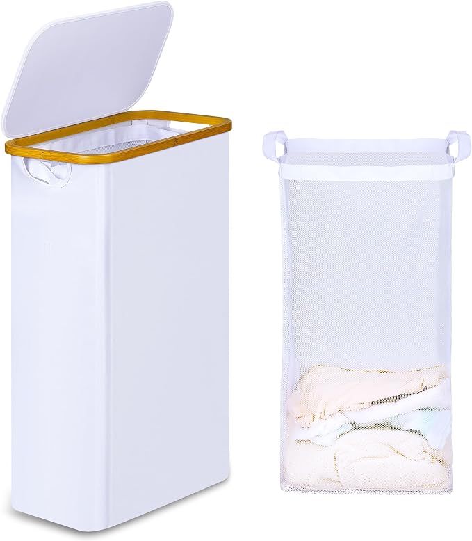 iEGrow 60L Slim Laundry Hamper, Narrow Laundry Basket with Lid,Foldable Clothes Hamper with Bamboo Handles,Hamper Basket with Removable Inner Bag for Laundry Room Bedroom College Dorm,15.85 Gals White