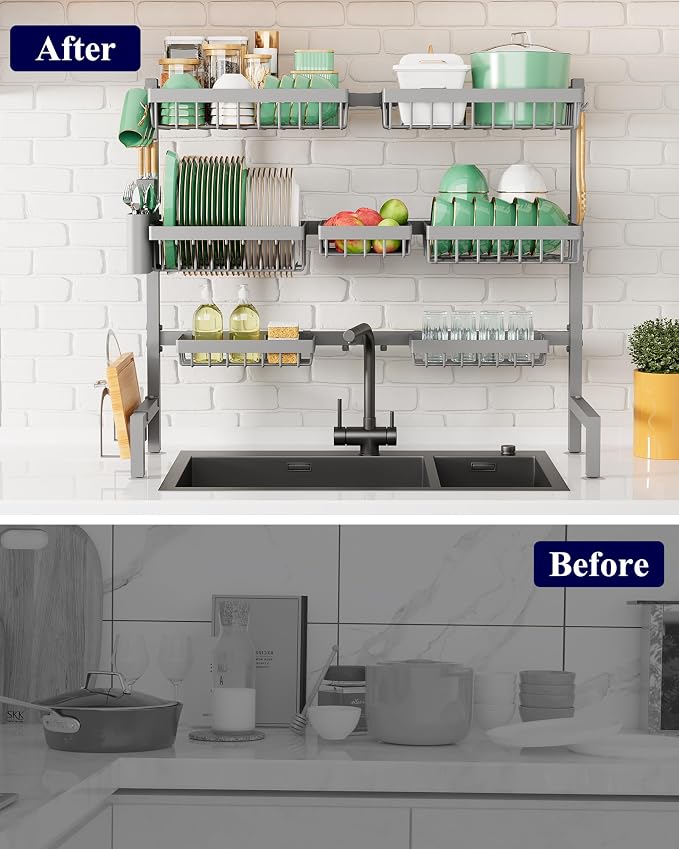 Kitsure Adjustable Over The Sink Dish Drying Rack, 31.5" -39.4" x 30.3" | Sink Drying Rack for Kitchen Sink, Dish Rack Over Sink with Cutlery & Utensil Holders, Kitchen Storage, Grey