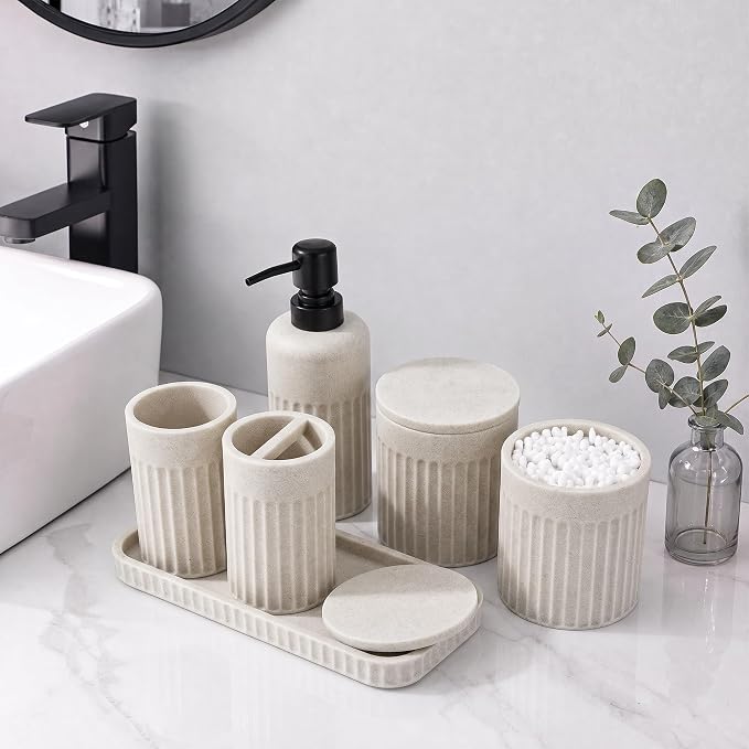 INIUNIK Bathroom Accessory Set, 6 Pieces, Beige | Resin, Bathroom Accessories Set, with Soap Dispenser Set, Toothbrush Holders, Tumbler, Vanity Tray & 2 Qtip Holder