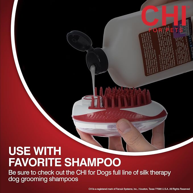 CHI for Dogs Soap Dispensing Palm Brush, Handheld Dog Bathing Scrubber with Built-In Shampoo Dispenser, Soft Rubber Bristles for Massaging and Deep Cleaning All Dog Coat Types, Red