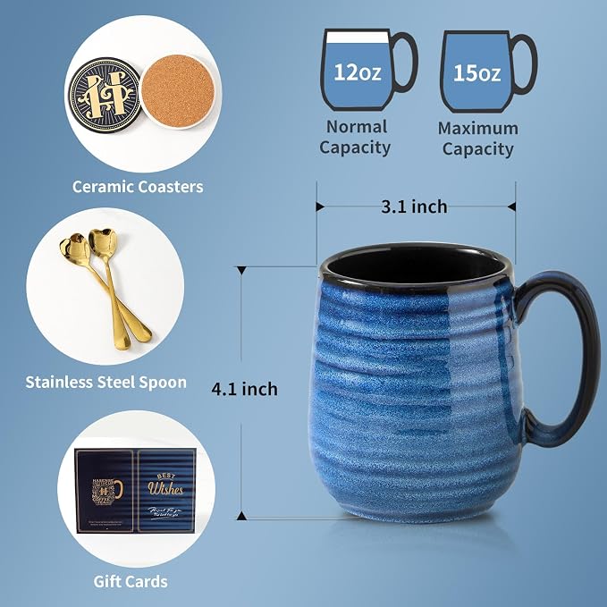 HASENSE Ceramic Coffee Mugs Gift Set for Men, Women, Blue Reactive Glazes | 15oz Coffee Cups with Handles, Vintage Luxury Birthday Gift Ideas for Dad, Mom, Friends, Coworkers, Wife, Couples, 2 Pack