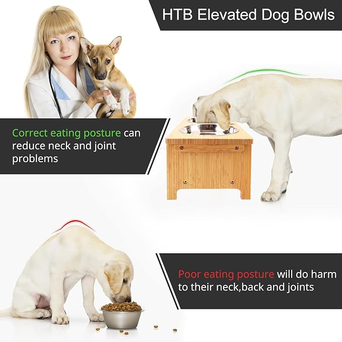 HTB Elevated Dog Bowl Stand with 2 Stainless Steel Bowls-7" H Medium Bamboo | Raised Dog Bowl Stand, 7"tall, 29 Oz Bowls, for Medium Sized Dogs, Pet-safe, Solid Bamboo