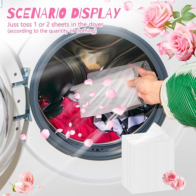 600 Count Dryer Sheets Bulk Fabric Softener Rose Scent Dryer Sheets Naturally Softens and Removes Static Cling, Ideal for Large Households, Sensitive Skin