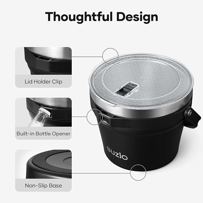 BUZIO 7.4 Qt/7 L Large Insulated Ice Bucket with Lid and Scoop & Tongs | Double Wall Vacuum Stainless Steel Beer Bucket, Holds 6 Longnecks or 3 Wine Bottles, for Parties, Cocktail Bar, Camping