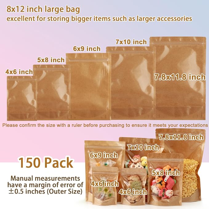 150 Pack Kraft Bags with Window 8x12 Reclosable Large Stand Up Mylar Bags for Food Storage Resealable Smell Proof Pouch, Edible Packaging, Reusable bags for Small Business
