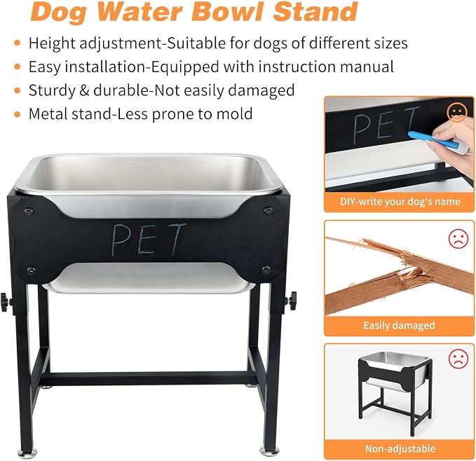 3 Gallon Elevated Dog Water Bowl, Raised Stand for Large Dogs | 4 Adjustable Heights, 9.65-15.16 in Stand, 3 Gallon Bowl, 14 x 10.6 x 5.9 in Size, Indoor Outdoor Use, Easy to Clean