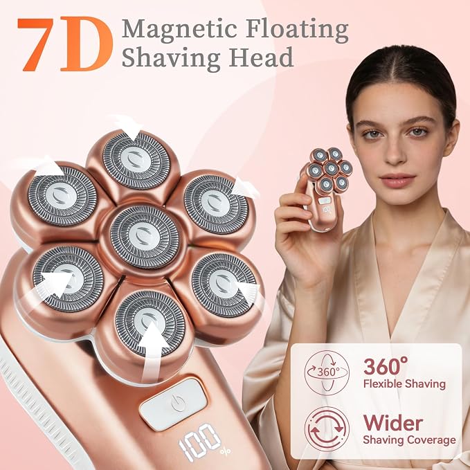 Electric Razors for Women, 5-in-1 Electric Shaver with 7D Magnetic Head, IPX7 Waterproof Wet Dry Hair Remover with LED Display, Travel Lock for Body Face Underarms Bikini Legs (Rose Gold)