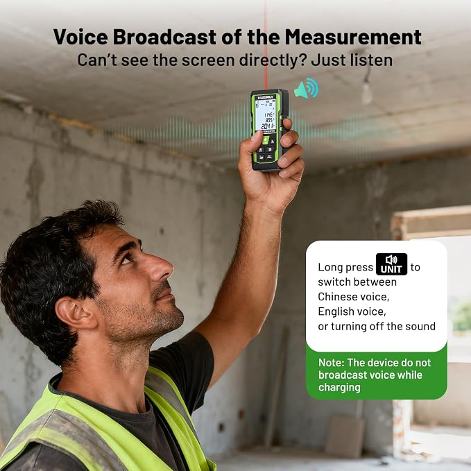 Huepar 3-in-1 Laser Measuring Tool, 400Ft Laser Measure & 33Ft Green Cross Line Laser Level & 6.5Ft Tape Measure, Rechargeable, Voice Broadcast, Multi-Mode, Rugged for Construction &Home Use, SW-T120