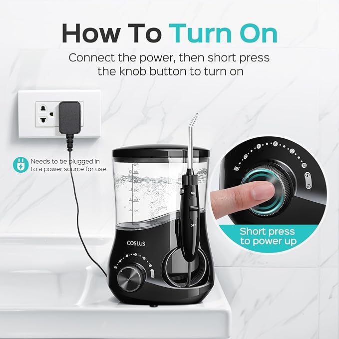 COSLUS E1 Professional Water Flosser for Teeth: 12 Pressure Settings Electric Dental Pick for Tooth Cleaning, Sensitive Gums, Braces, Oral Care - Home Use, 4 Jet Tips for Multiple Users, Family