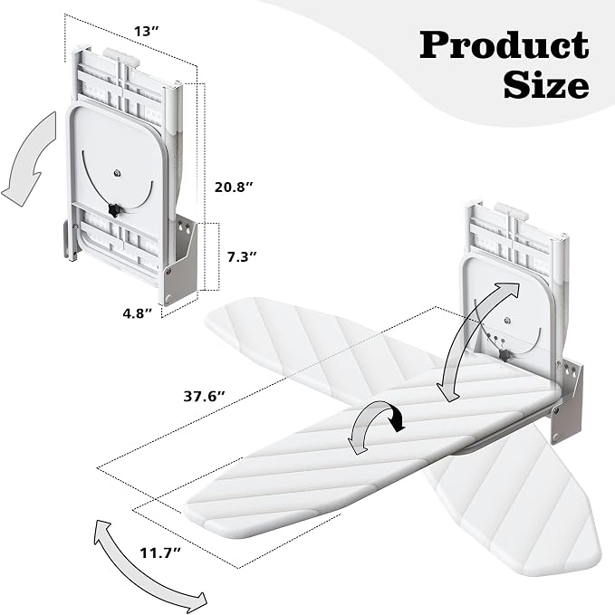 MYOYAY Wall Mounted Ironing Board 12 x 37 Inch Space-Saving 180° Swive Fold Away Ironing Board with Heat Resistant Cover for Home House Held Laundry with Manual，White