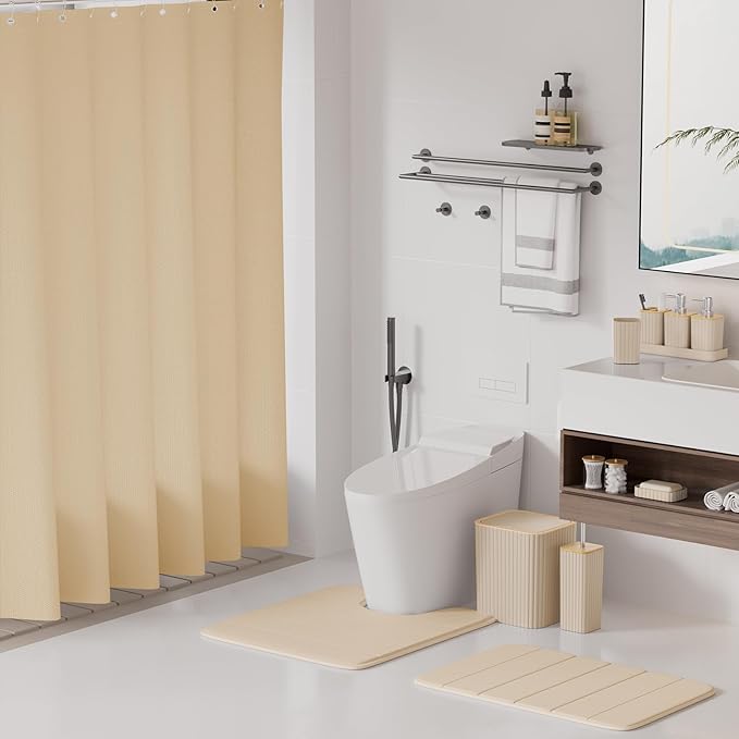 XLHOMO Bathroom Set- 25PC Beige Bathroom Set, Bathroom Set with Shower Curtain and Rugs, Beige Shower Curtain Set, Toilet Brush, Bathroom Trash Can
