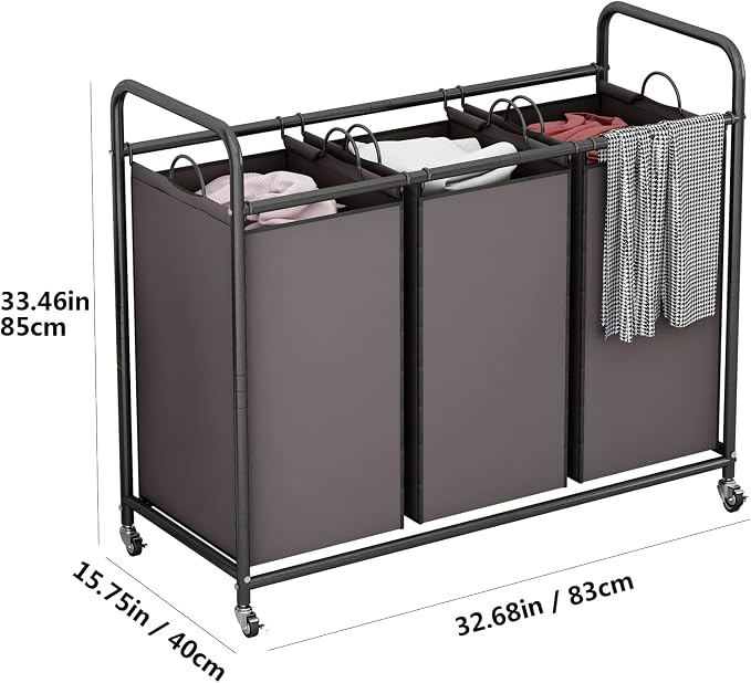 LINZINAR 3-Bag Laundry Sorter,Laundry Hamper Cart with Heavy Duty Rolling Lockable Wheels and Removable Bags (Brown) | Laundry Room Organization with Heavy Duty Rolling Lockable Wheels and Removable Bag, Bedroom Laundry Cart for Clothes Storage
