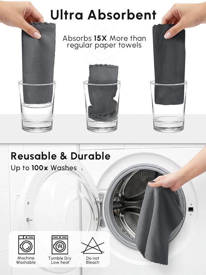 Microfiber Cleaning Cloths Roll, 75 Pack Tear Away Microfiber Towels Roll, 12" x 12" Lint Free Rags, Reusable Cleaning Cloths, Washable, Scratch Free,Ultra Absorbent Dish Rags(Dark Grey)