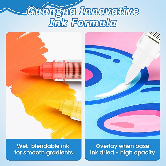 Guangna Acrylic Paint Markers Brush Tip, 12 Vivid Colors with Direct-Liquid Ink System, Professional-Grade Paint Pen for Rock Painting, Canvas, Glass, Plastic, Fabric Pumpkin Painting Decorating Kit