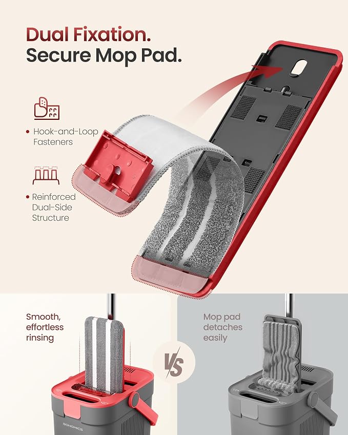 SONGMICS Mop and Bucket Set, Flat Mop with 3-Chamber Clean & Dirty Water Separation System, Wringer Bucket, 360° Rotating Head, 3 Microfiber Pads, Gray and Red ULMB001GT03