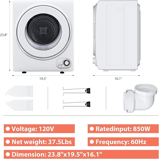 Euhomy Portable Dryer 1.5 cu. ft., 850W Powerful Clothes Dryer with Stainless Steel Drum and Exhaust Hose, Dryer Ideal for Apartments, RVs, Dorm Rooms，White