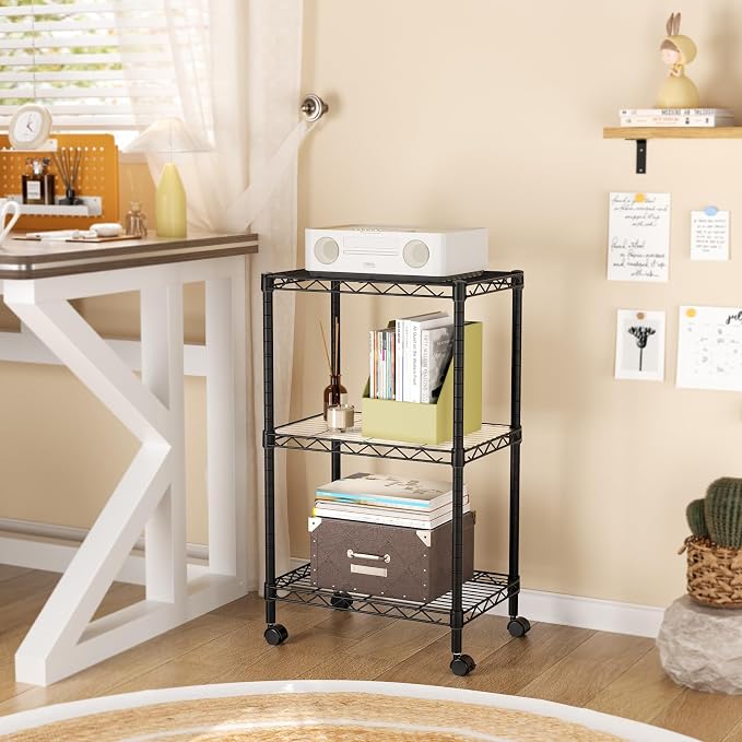 SINGAYE 3 Shelves Storage Shelf Wire Shelving Unit Metal Adjustable Wheels | Small Shelf Storage with Wheels Organizers Closet Unit for Bathroom Laundry Room Kitchen Pantry11.5D x 17.5W x 30.5H Black