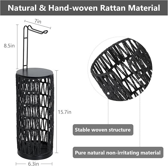Black Freestanding Toilet Paper Holder with Storage,3 Rolls of Tissue Holder for Bathroom,Handmade Woven Toilet Paper Roll Holder Stand,Rattan Sturdy Boho Bathroom