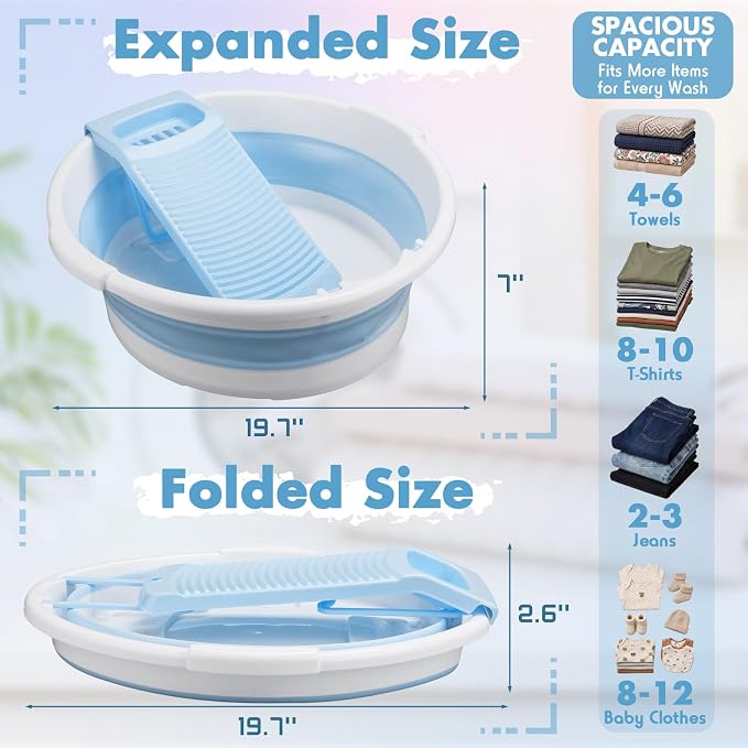Lounsweer Large Collapsible Washboard Basin for Hand Washing Clothes with 2 Cleaning Brushes Portable Folding Laundry Tub with Non-Slip Washtub for Home Travel Camping (Blue)