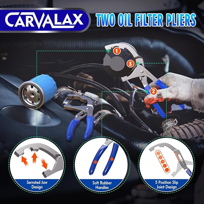 CARVALAX 8PCS Oil Filter Wrench Set – Stainless Steel Swivel Wrenches (1-3/4”to 5-1/4”), 9” & 12” Adjustable Pliers, Universal 3-Jaw Remover with Adapter, Organized in Storage Case for Auto Repair