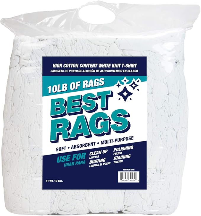 Arkwright T-Shirt Rags Bulk, 10 lb Bag, Cotton Cleaning Towels, Low Lint Knit Wiping Cloths for Paint, Stain, Grease, Shop and Auto Use, Absorbent Machine Washable, White