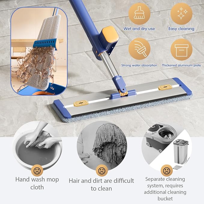 16.5" Self Wringing Flat Mop with Collapsible Bucket, Wet Dry Floor Cleaner System with 55" Long Handle, Foldable Bucket & 5 Microfiber Pads for Hardwood, Tile and Wall
