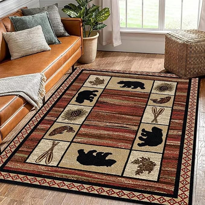 Lodge Native Cabin Bear Rugs 2ftx3ft Abstract Pine Cone Bordered Area Rug for Bathroom Non-Slip Retro Maple Leaves Print Carpet Indoor Floor Pad