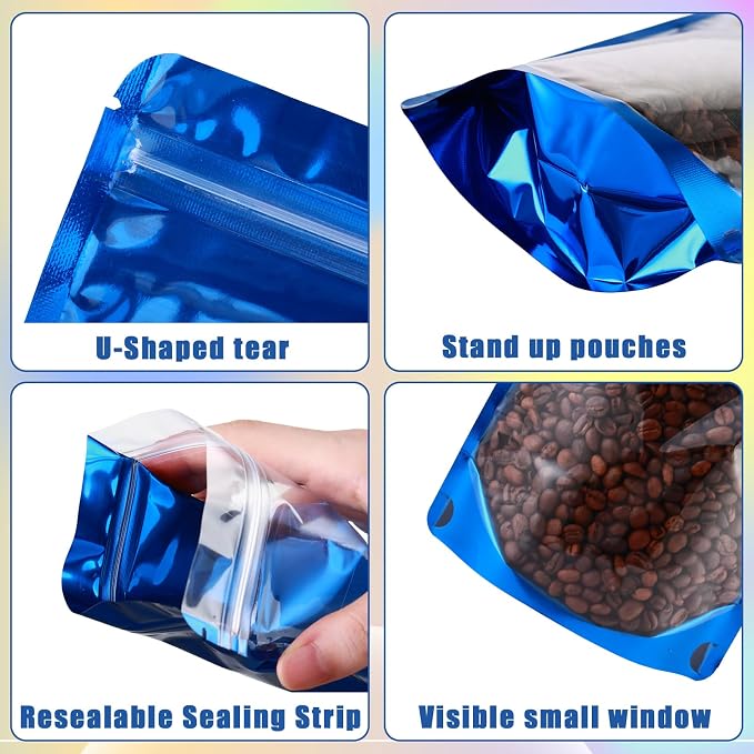 150 Pcs Mylar Bags for Food Storage, 5x8 Mylar Bag with Window Stand Up, Small Holographic Resealable Bags Smell Proof Bag Food Packaging for Small Business Freeze Dried Candy Jewelry Foil Packaging