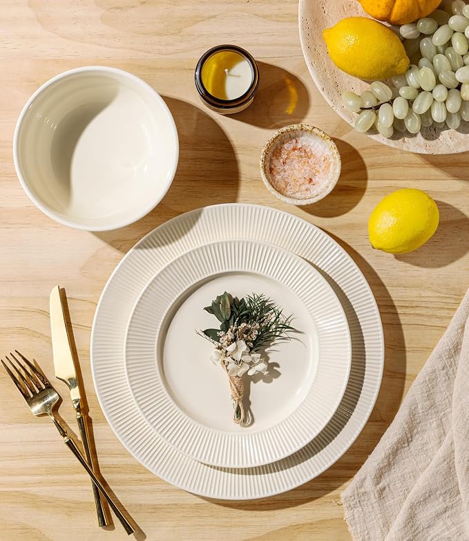 TheTerra Ceramic Dinnerware Sets for 6, 18 Pieces Porcelain Lightweight Plates and Bowls Sets, Scratch Resistant Dish Set, Oven, Microwave & Dishwasher Safe, Ivory